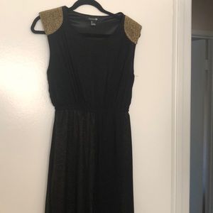 Black chiffon overlay dress with gold skirt